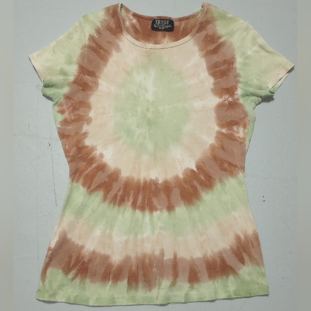 Tryst Tie-Dye Short Sleeve Top - Green and Brown,  Size L